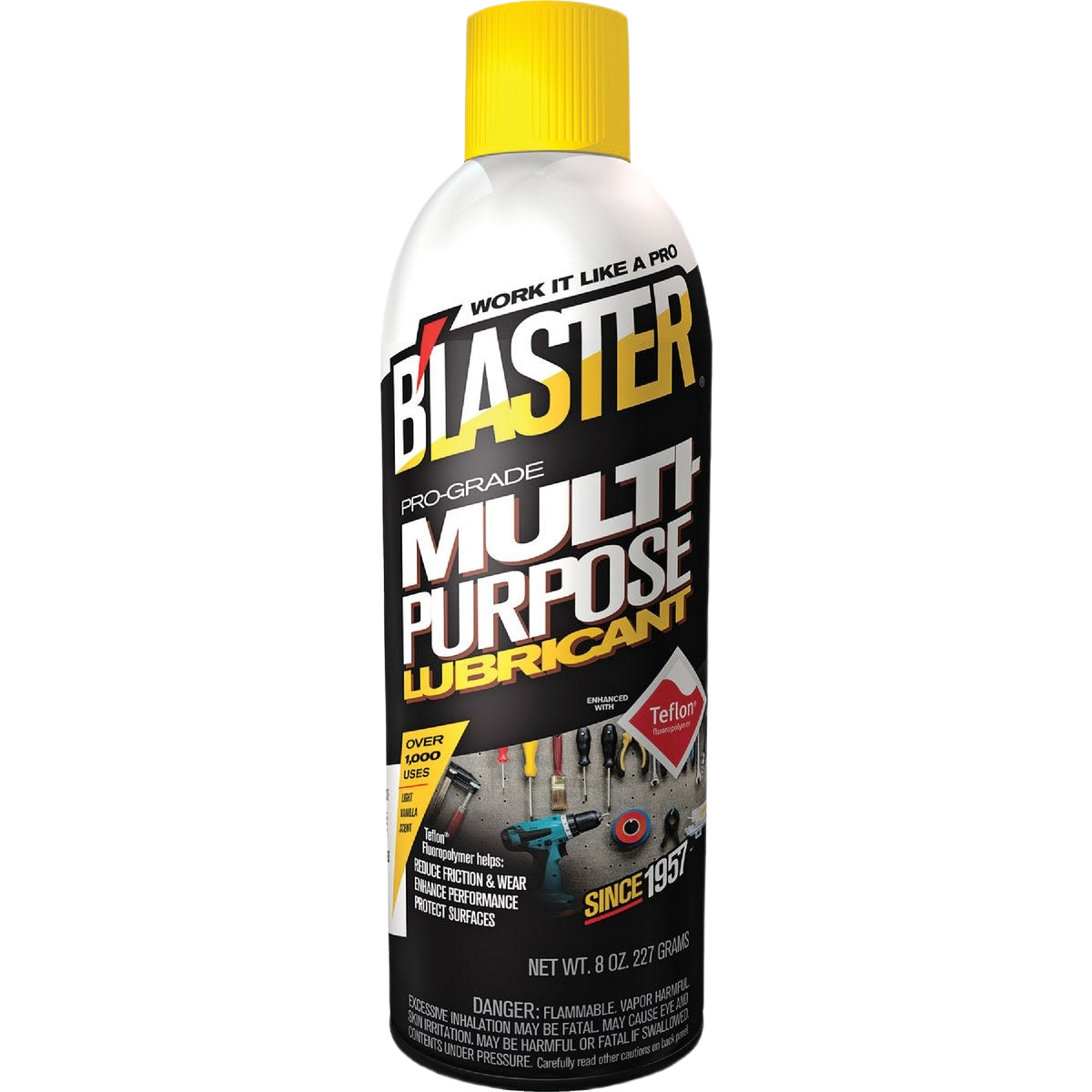 A black and white aerosol can of multi-purpose lubricant with a yellow cap for tools and home improvement use