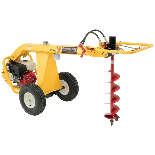 Yellow towable hydraulic earthdrill with red auger bit and dual black tires, part of earthmoving rental equipment at Hartville Hardware for landscaping and construction tasks.