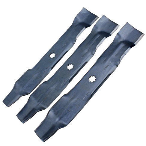 Set of three black mulching lawn mower blades designed for efficient grass cutting and home improvement tools.