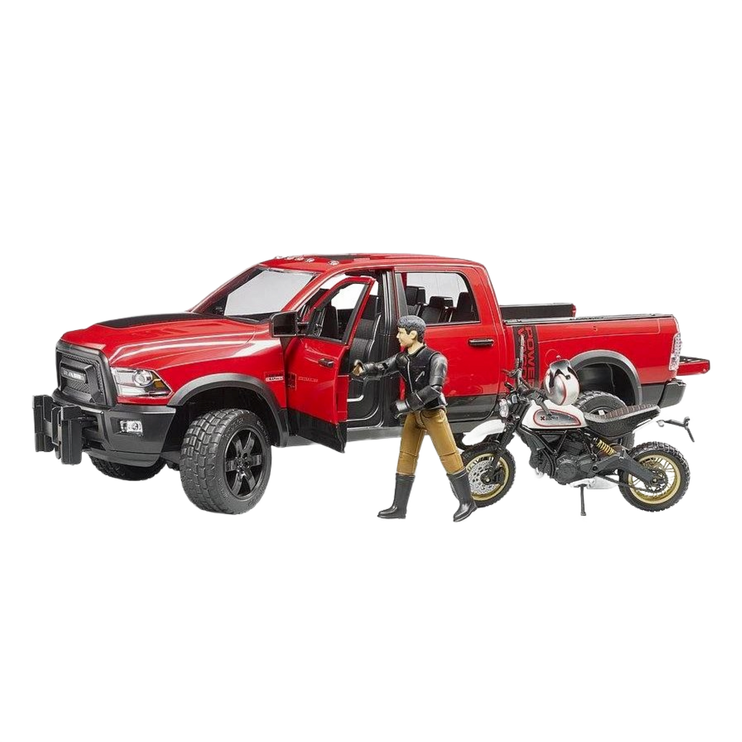 Bruder RAM 2500 Power Wagon with Ducati Desert Sled Motorcycle & Rider