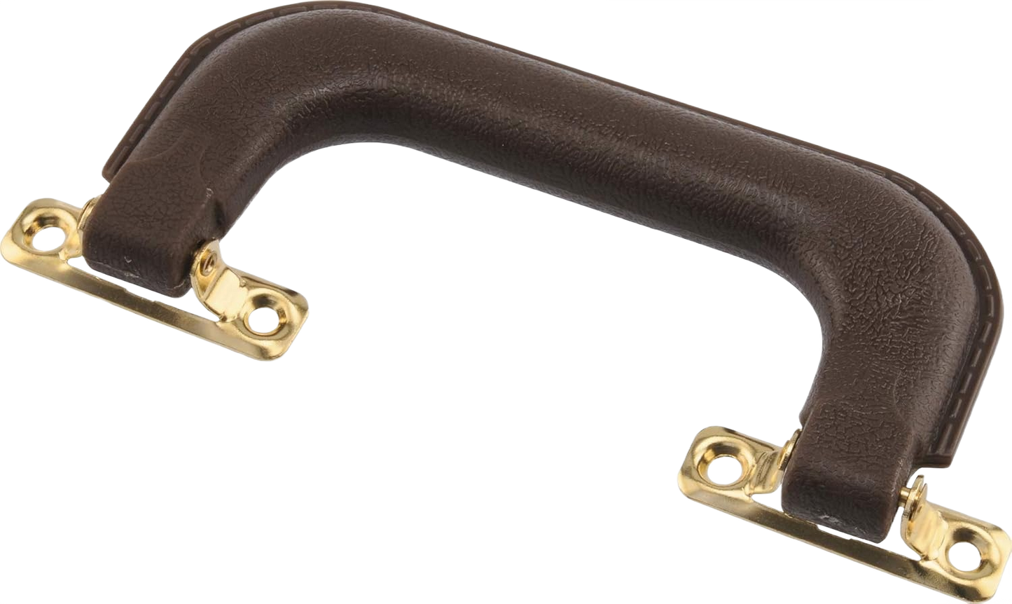 Brown luggage handle with gold-tone metal mounting brackets for cabinet and furniture hardware collection under $25