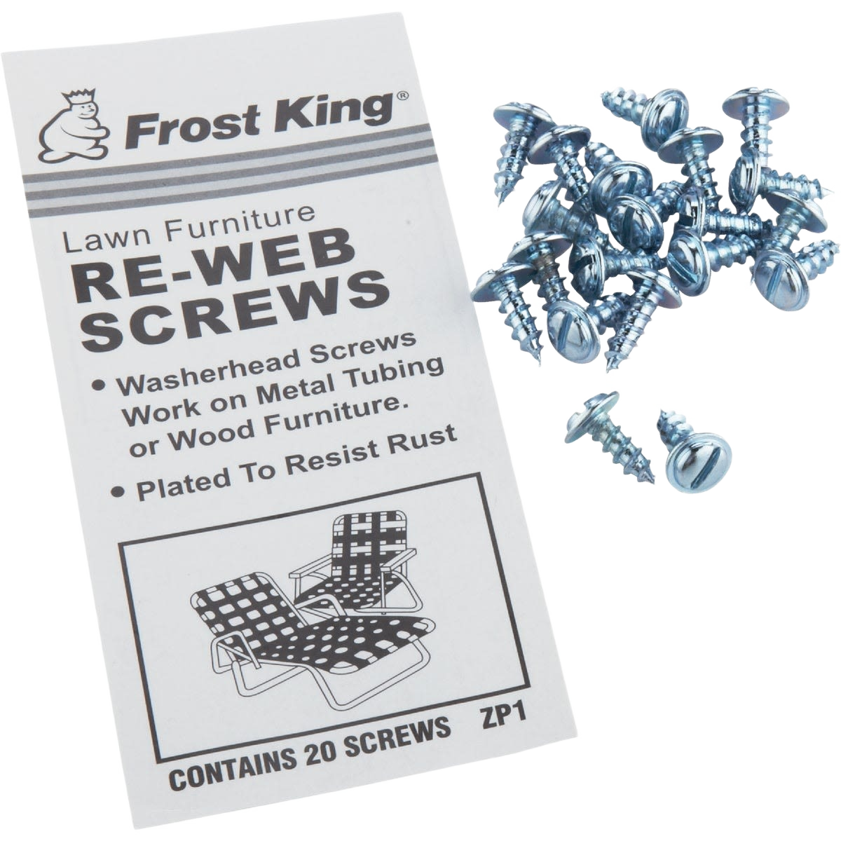 Box of Frost King washerhead screws with a pile of silver screws for outdoor lawn and patio furniture repair