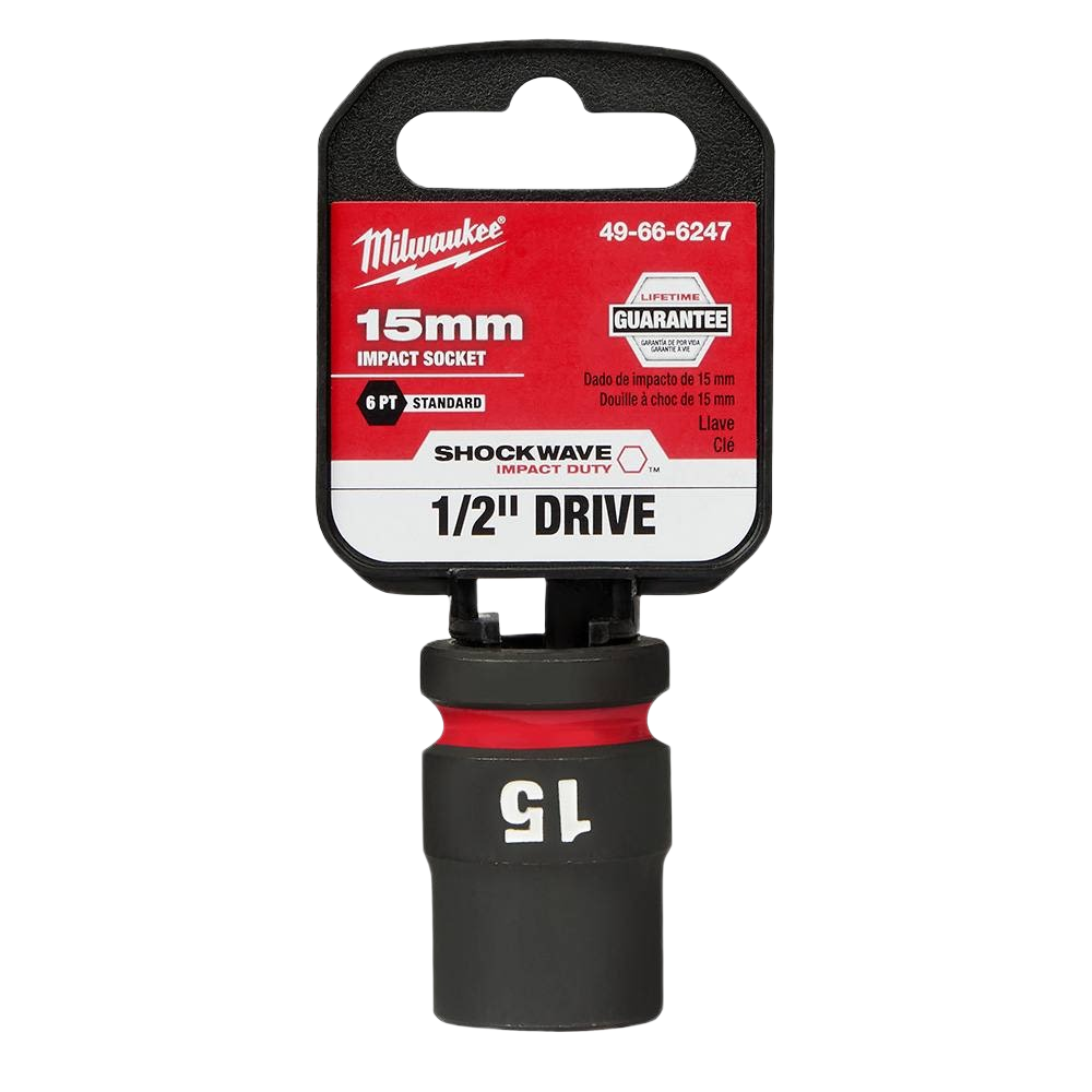 Milwaukee 15mm impact socket with 6-point design, 1/2" drive, for heavy-duty hand tool and woodworking use