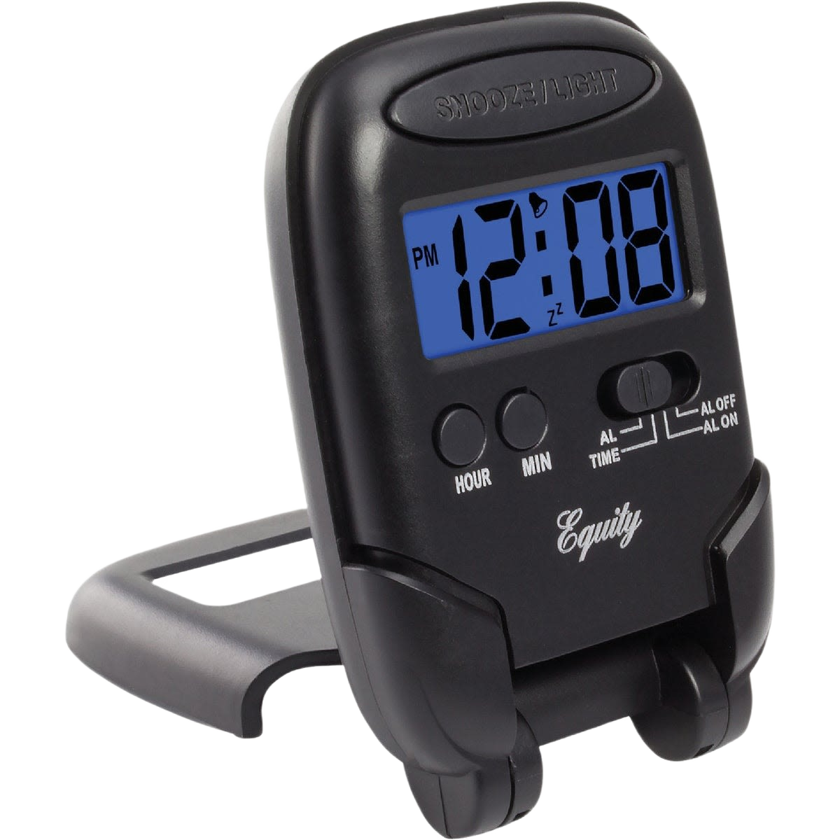 Compact black travel alarm clock with blue backlit LCD display and adjustable snooze and time settings for home and decor collections