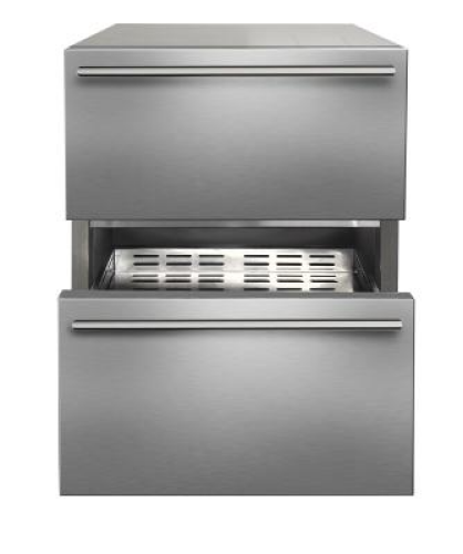 Two-tier stainless steel refrigerated drawers with horizontal handles in kitchen appliances and refrigerators collection