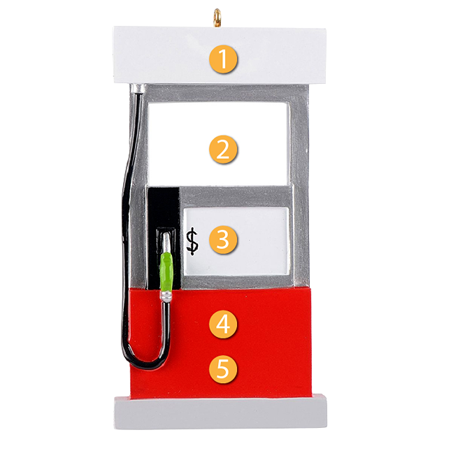 Red and silver vintage-style gas pump ornament with black hose and green nozzle for Christmas tree decoration under 50 dollars