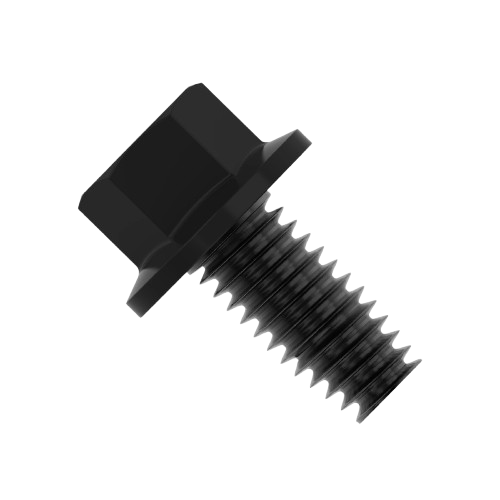 Black hex head self-tapping screw with flange, suitable for John Deere parts and home improvement projects.