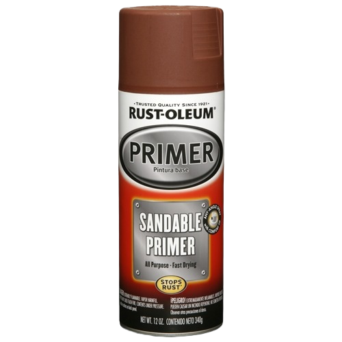 Rust-Oleum sandable primer spray can with rust-stopping formula for home improvement projects