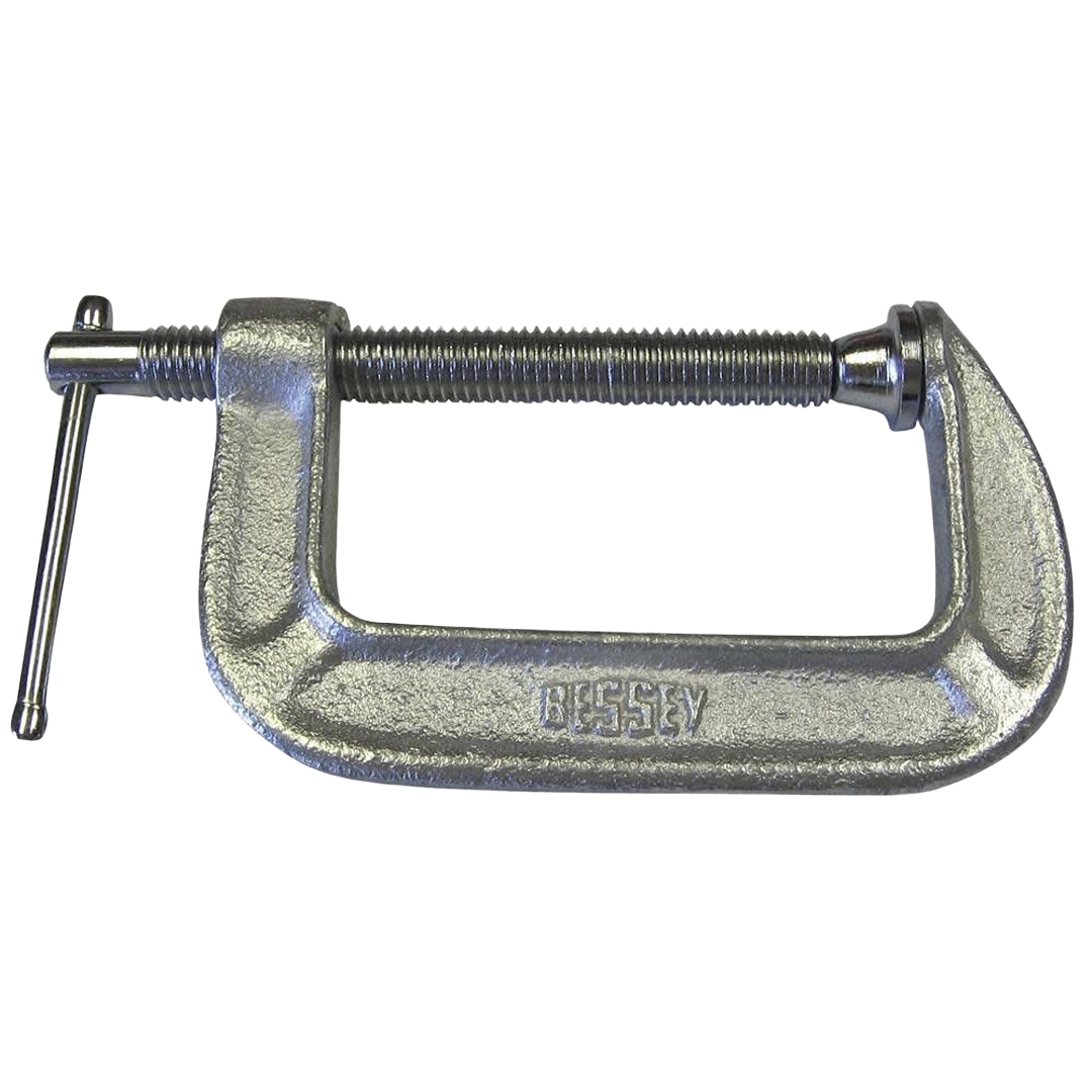 Metal 1-inch C-clamp with threaded screw and swivel pad for securing materials in woodworking and home improvement tasks