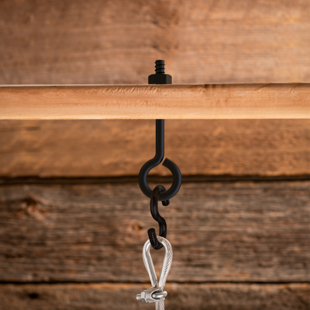 Black storm shine eye bolt with nut and hook attached to wood for home improvement and hardware fasteners under $50 tools