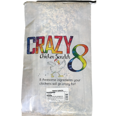 Empty feed bag labeled Crazy 8 Chicken Scratch featuring colorful logo and chicken graphic for poultry feed