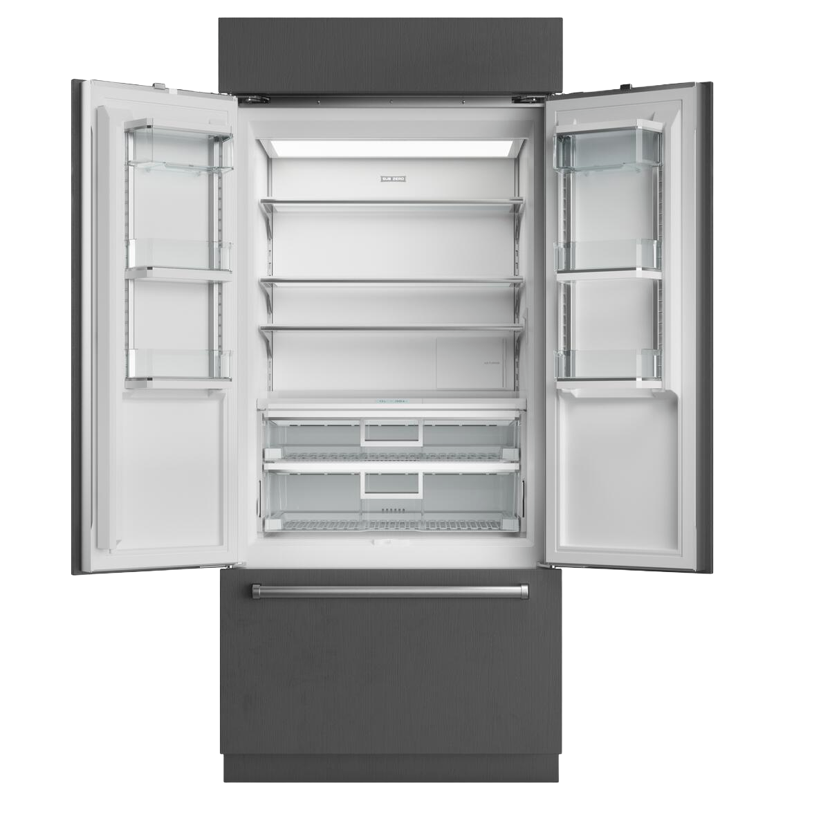 Open black Sub-Zero refrigerator/freezer with glass shelves and clear door bins in kitchen appliance setting