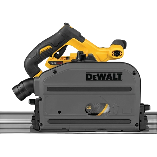 Cordless brushless 6-1/2 inch track saw with FLEXVOLT battery, designed for woodworking and power tool applications