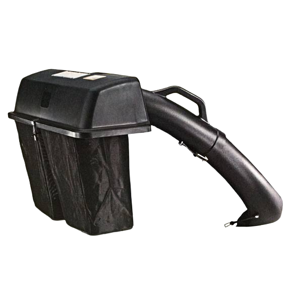 Black plastic dual-bag material collection system with curved chute for lawn tractor parts and accessories