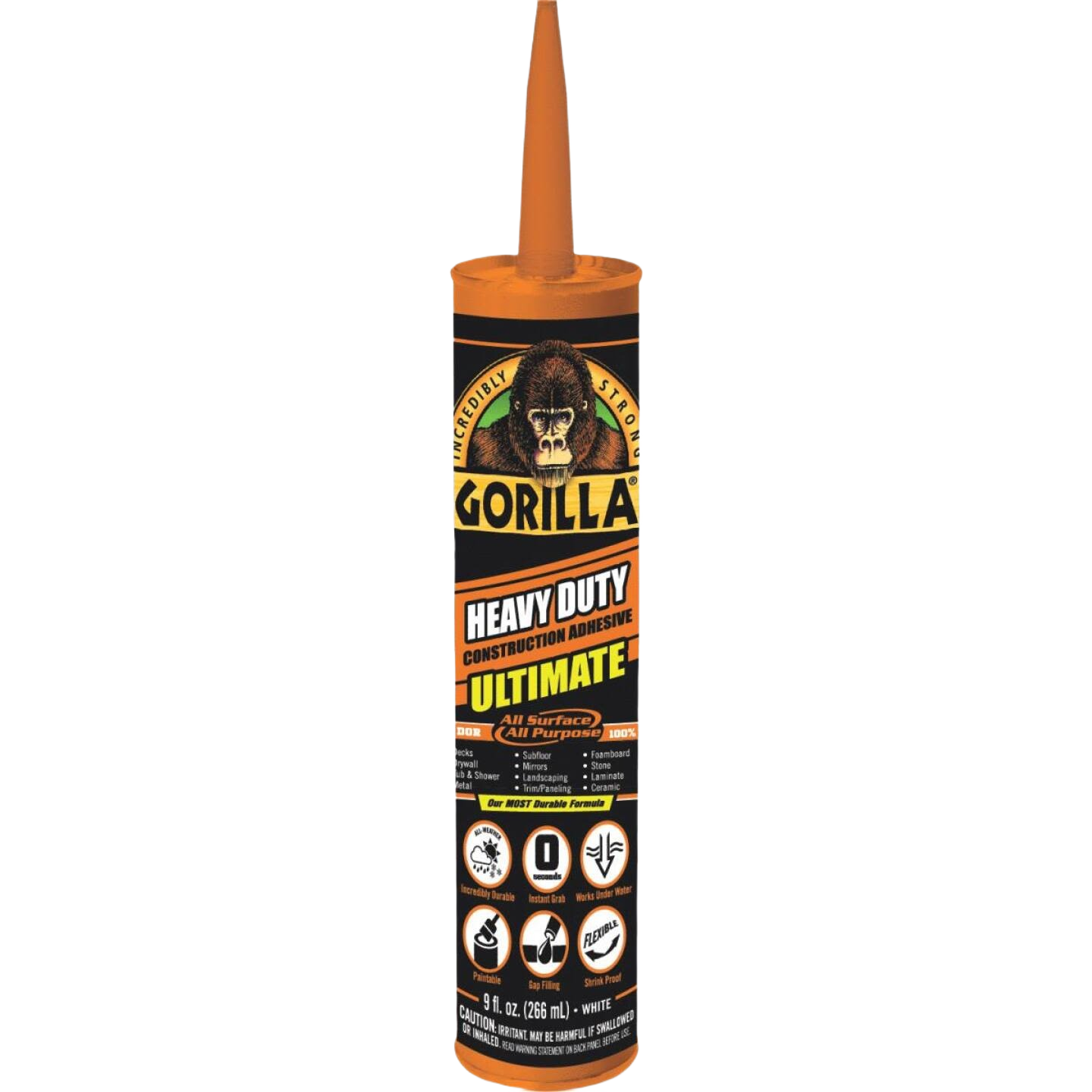 Orange tube of Gorilla heavy duty construction adhesive for gap filling and waterproof bonding in glue and adhesives collections