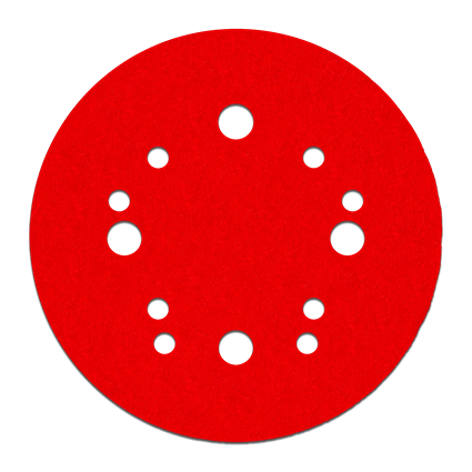 Red 5-inch 80-grit sanding disc with multiple holes for dust extraction in power tool abrasives and sanding accessories