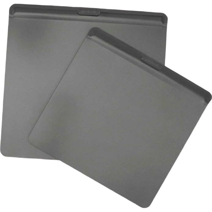 Two gray non-stick cookie sheets with raised edges for even baking and easy food release in home baking tasks