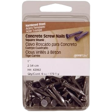 Package of 1-inch hardened steel concrete screw nails with square shank for home improvement fasteners at Hartville Hardware