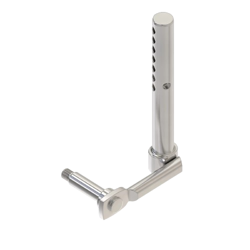 Silver metal gage wheel arm with multiple adjustment holes and threaded attachment for agricultural machinery maintenance