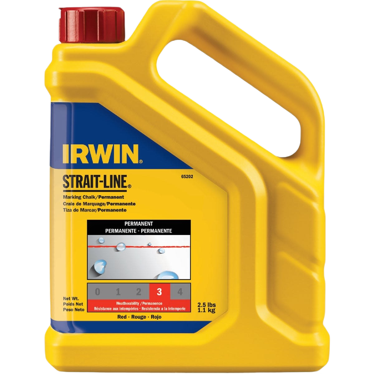 Yellow and blue container of red permanent marking chalk for tools and home improvement projects
