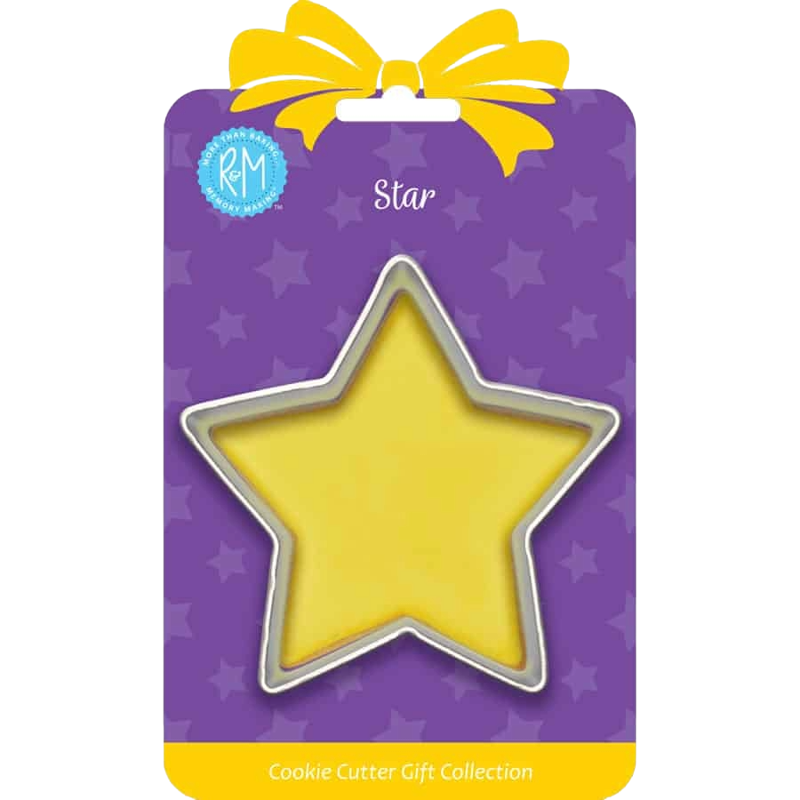 Star-shaped tinplated steel cookie cutter on purple packaging from bakeware and kitchen gadgets collections