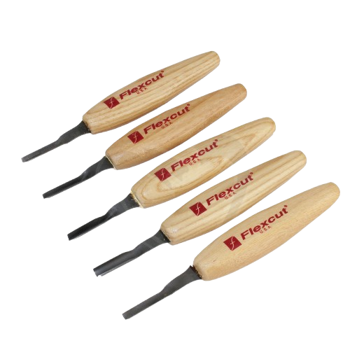 Set of five fine wood carving tools with wooden handles for detailed woodworking and hand tool collections under $100