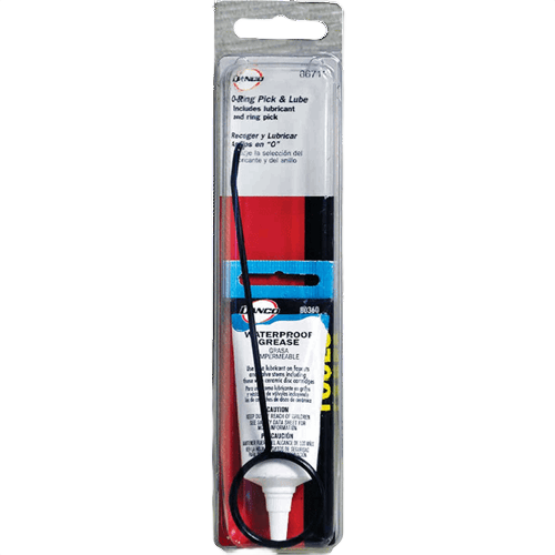 Clear plastic package containing plumber grease tube with O-ring pick tool for waterproof sealing in tools and home improvement use