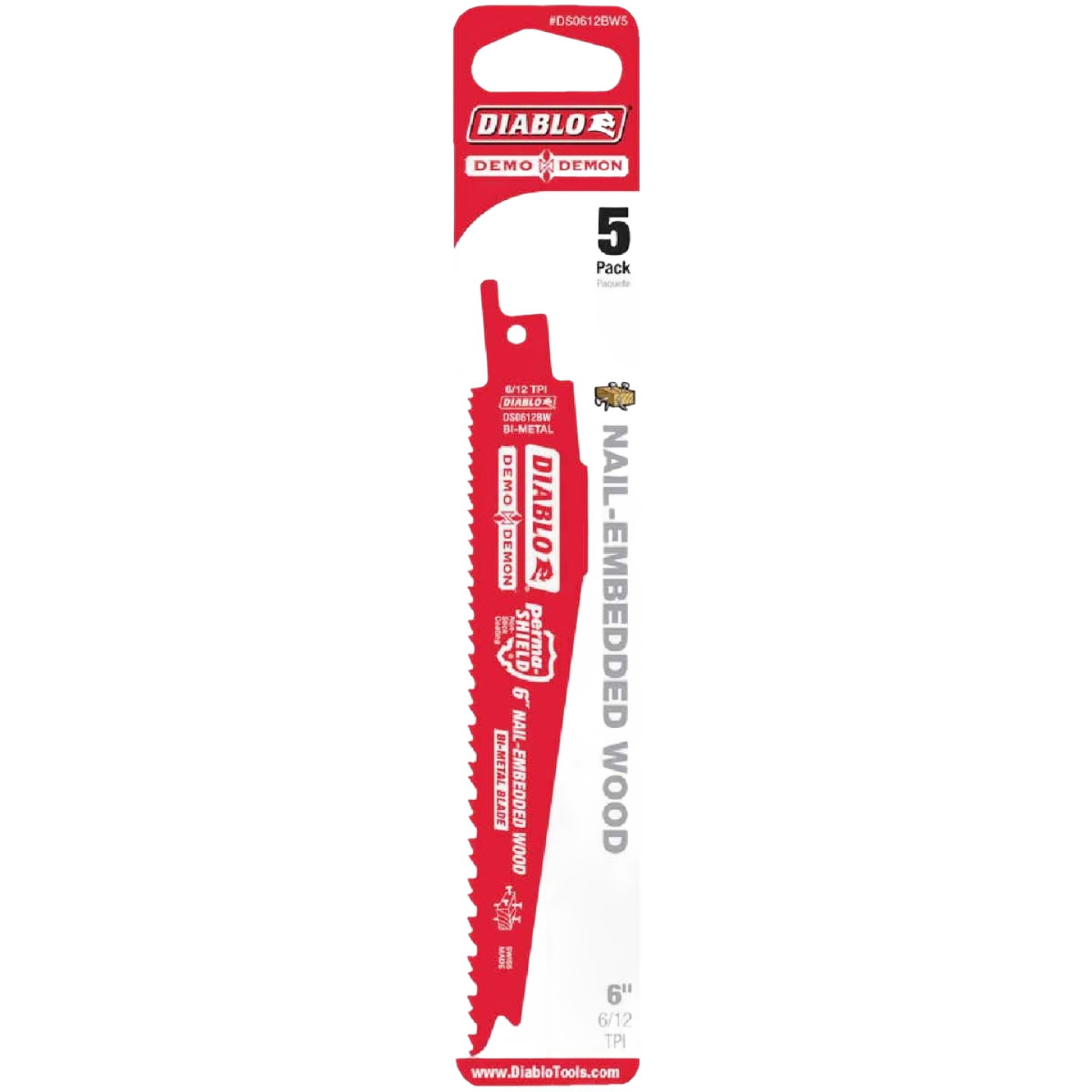 Set of five red bi-metal saw blades with nail embedded design for cutting wood in home improvement projects