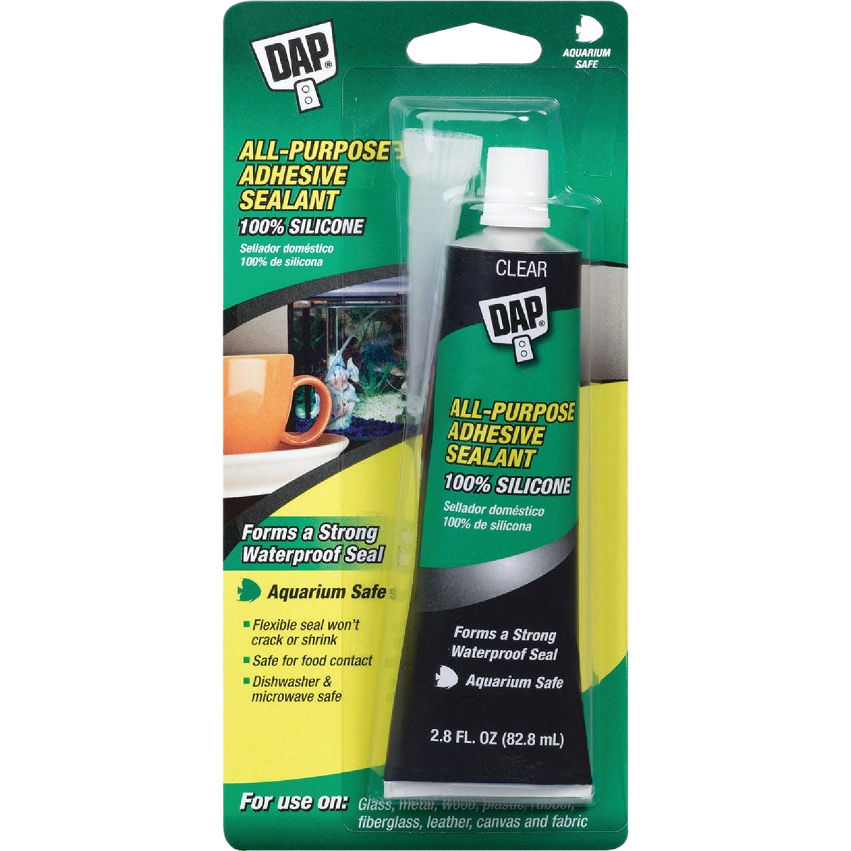 Clear silicone adhesive sealant tube in green and yellow packaging for waterproof sealing in home improvement tasks