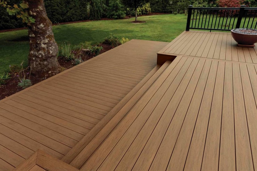 Grooved decking boards in antique leather finish installed outdoors, suitable for lumber and home improvement projects under $100 collections