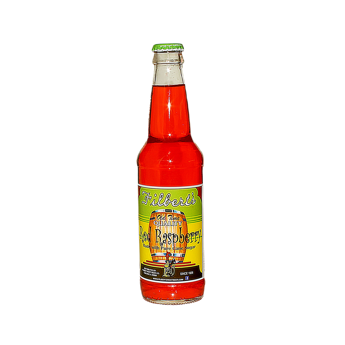 Clear glass bottle of bright red raspberry soda with vintage style label in food & beverage under $50 collections