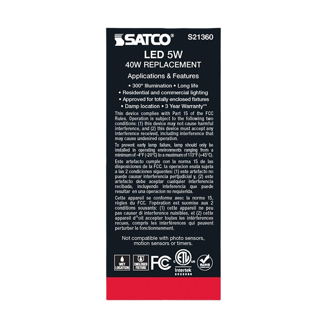 Packaging for Satco 5 watt LED bulb highlighting energy-saving, long life, and suitability for enclosed fixtures in Electrical collections.