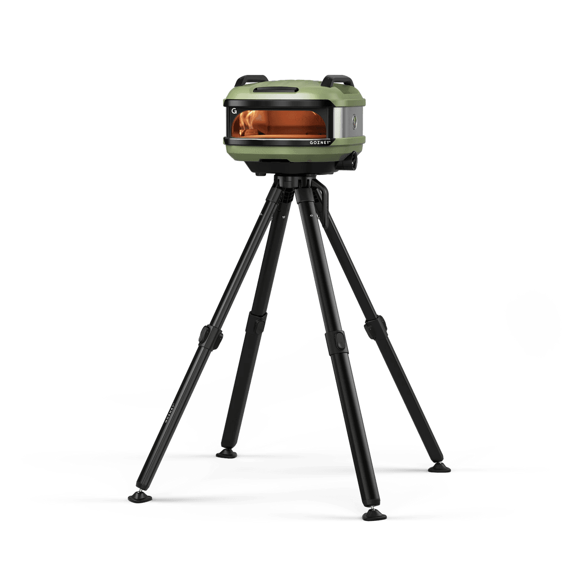 Sturdy black adjustable tripod stand supporting outdoor pizza oven for grilling and outdoor living spaces.