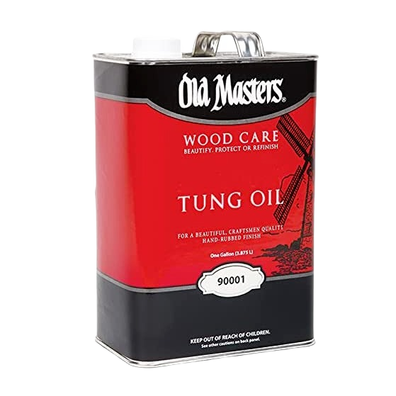 One gallon metal can of Old Masters tung oil for wood finishing in stains and sealers collection for home improvement.