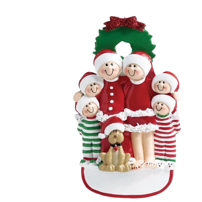 Joyful Christmas family of six and dog in festive attire under green wreath for holiday tree decoration collection