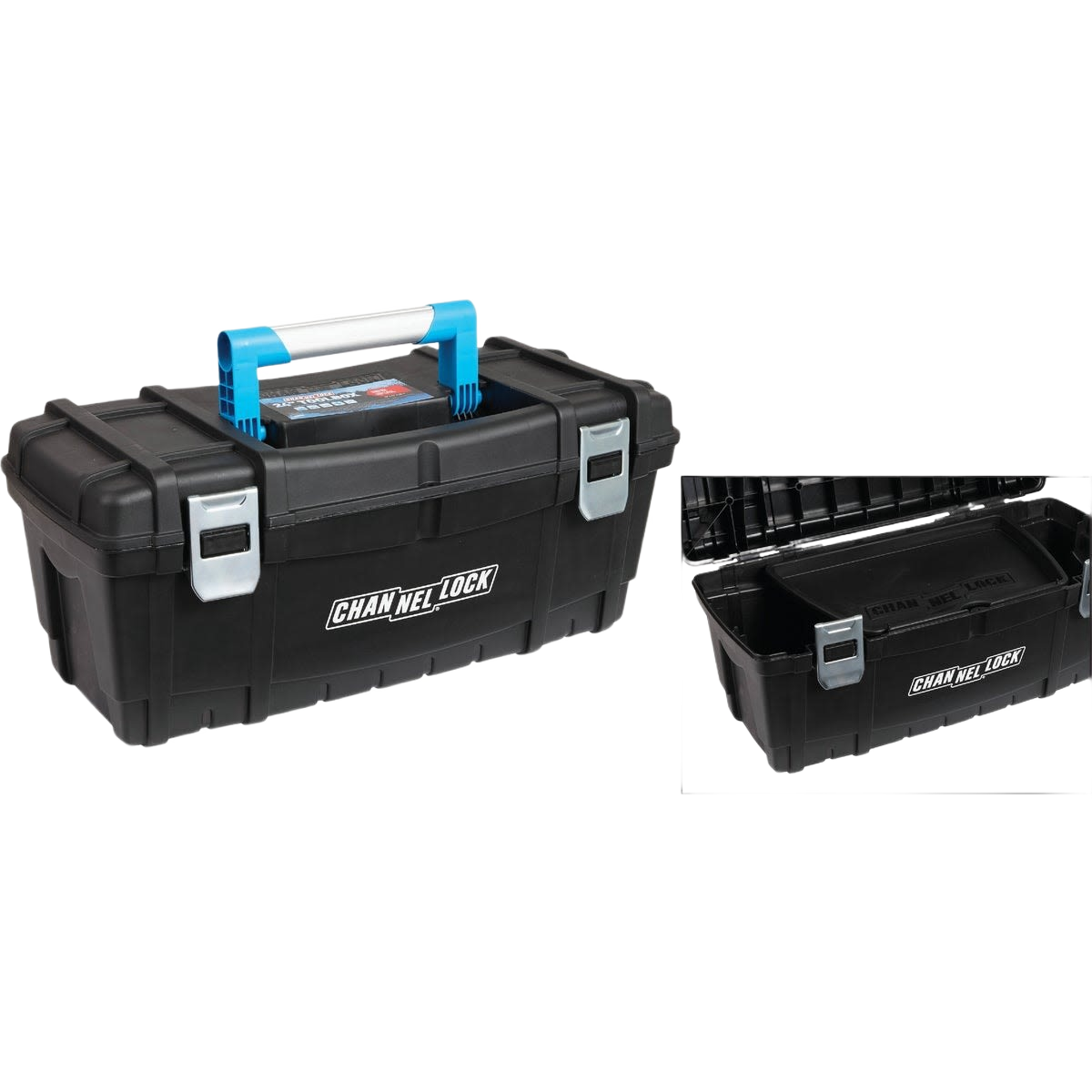 Black plastic toolbox with blue handle, steel latches, and inside tray for tool storage and workshop organization