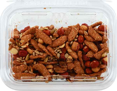 Plastic container of savory JLM Sesame Stix Trail Mix with peanuts, sunflower and pumpkin seeds in food collection