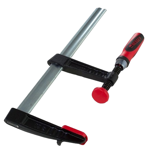 Heavy-duty clamp with red and black handle and steel bar designed for woodworking and home improvement tasks
