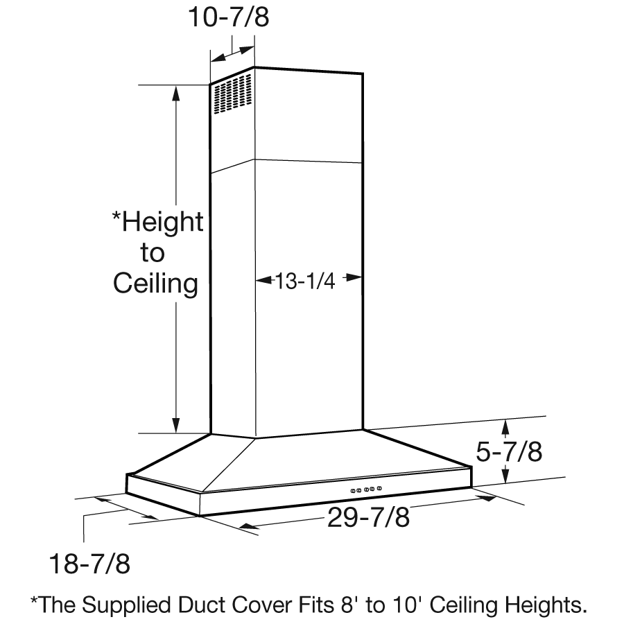 Line drawing of a wall-mounted vent hood with dimensions and duct cover fitting 8 to 10-foot ceilings in kitchen appliances collection