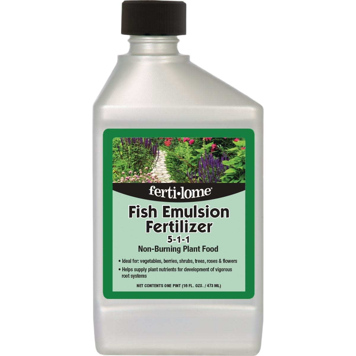 Bottle of liquid fish emulsion fertilizer with green label for plant nutrition in gardening and home improvement use