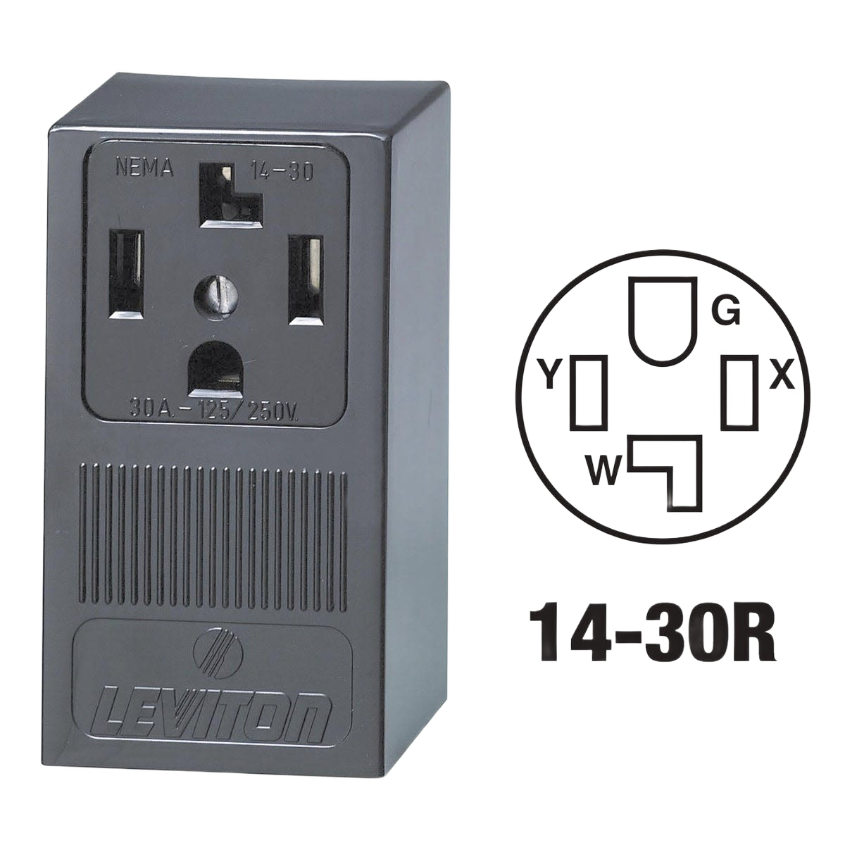 Black Leviton 30 amp surface mount 14-30R 4-wire dryer power outlet for tools and home improvement use
