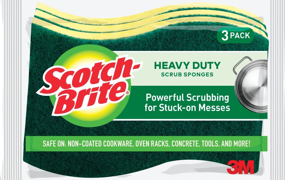 Three-pack of heavy-duty green scrub sponges for tough cleaning in household and DIY tool collections under $50