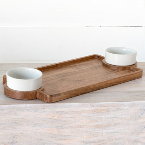 Wooden serving tray with two ceramic bowls, ideal for chip and dip in kitchen and serveware collections.