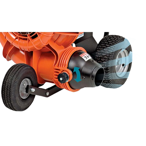 Close-up of orange and black heavy-duty leaf blower with sturdy wheels and adjustable air nozzle, designed for outdoor power and rental equipment at Hartville Hardware.