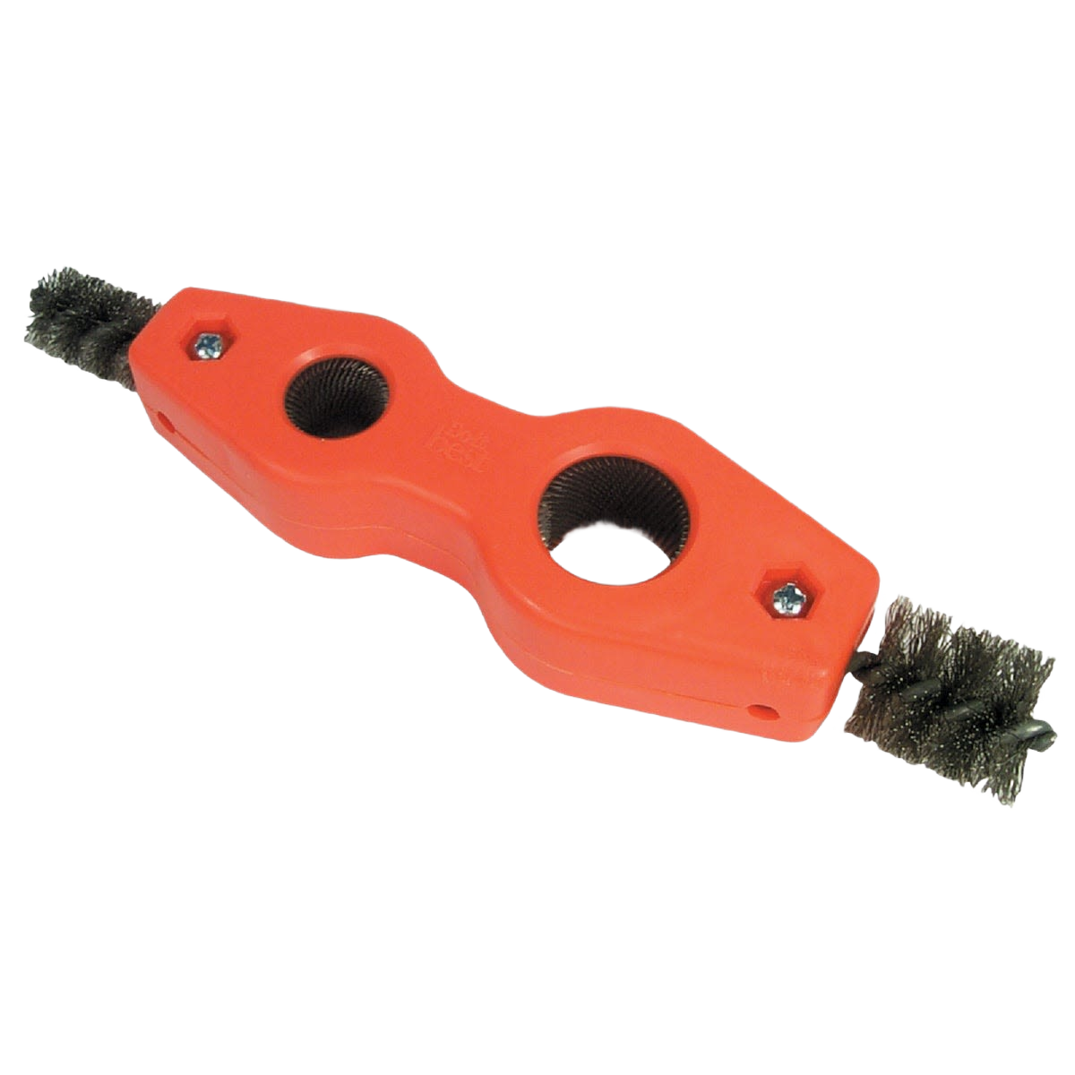Orange plastic fitting brush with two wire bristle ends for cleaning 1/2 and 3/4 inch plumbing fittings