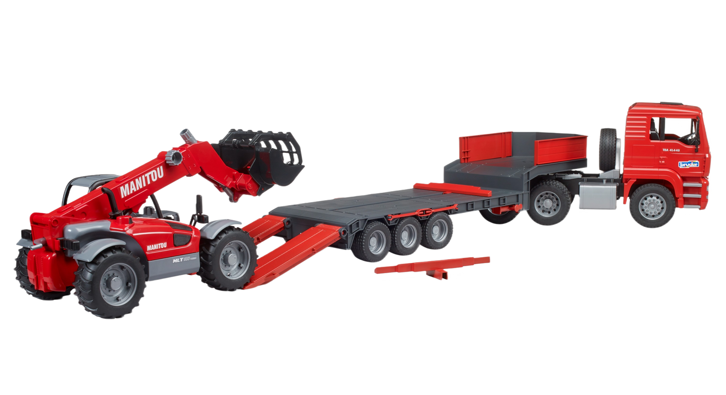Red MAN TGA loader truck with detachable lowboy trailer transporting a compact red Manitou loader toy model