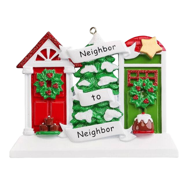Ornate Neighbor to Neighbor ornament with red and green doors, decorated Christmas tree, and holiday wreaths, under $50 collection