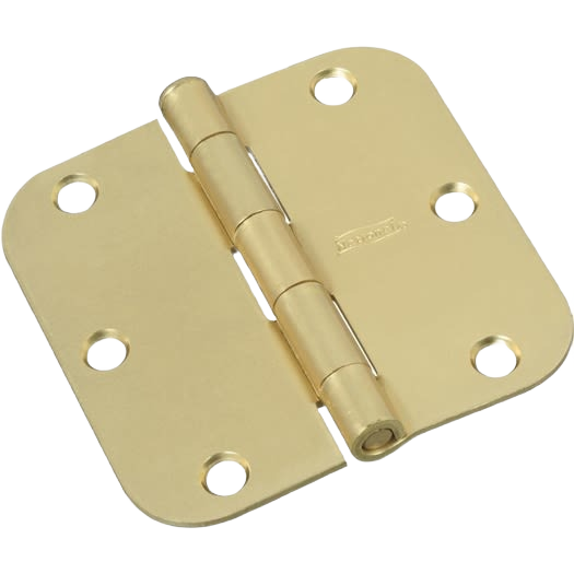 Satin brass door hinge with rounded edges and six screw holes for home improvement and carpentry projects