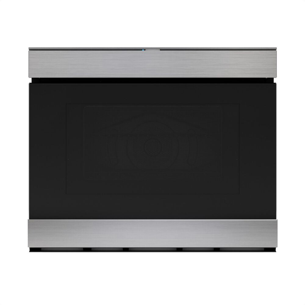 Built-in microwave drawer with flat black panel and stainless steel accents for modern kitchen appliances.