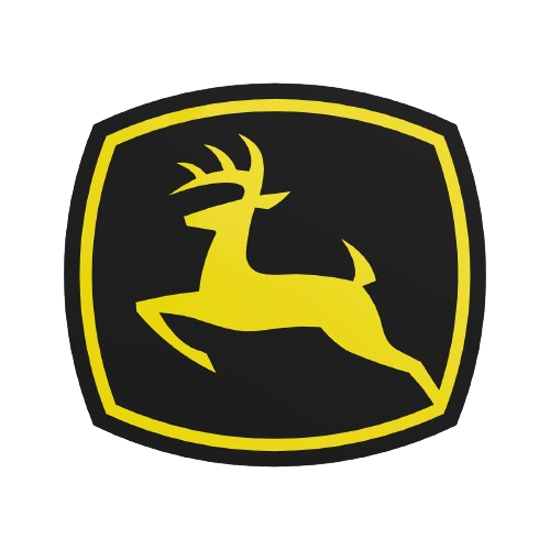 Yellow and black John Deere logo label for authentic parts in John Deere Products and Parts & Lubricants collections
